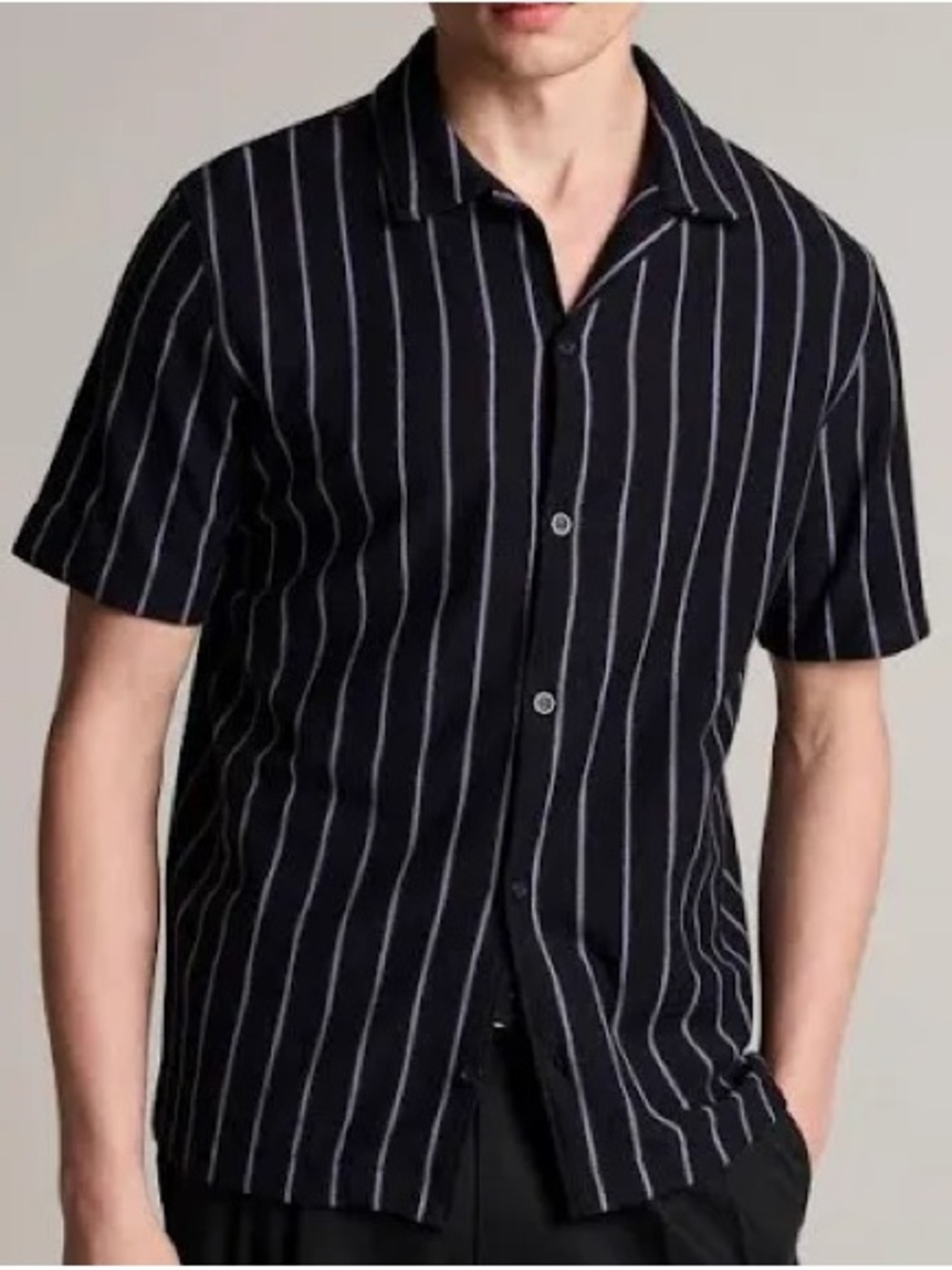 Sandro Black Short-Sleeve Button-Down Shirt with White Pinstripes